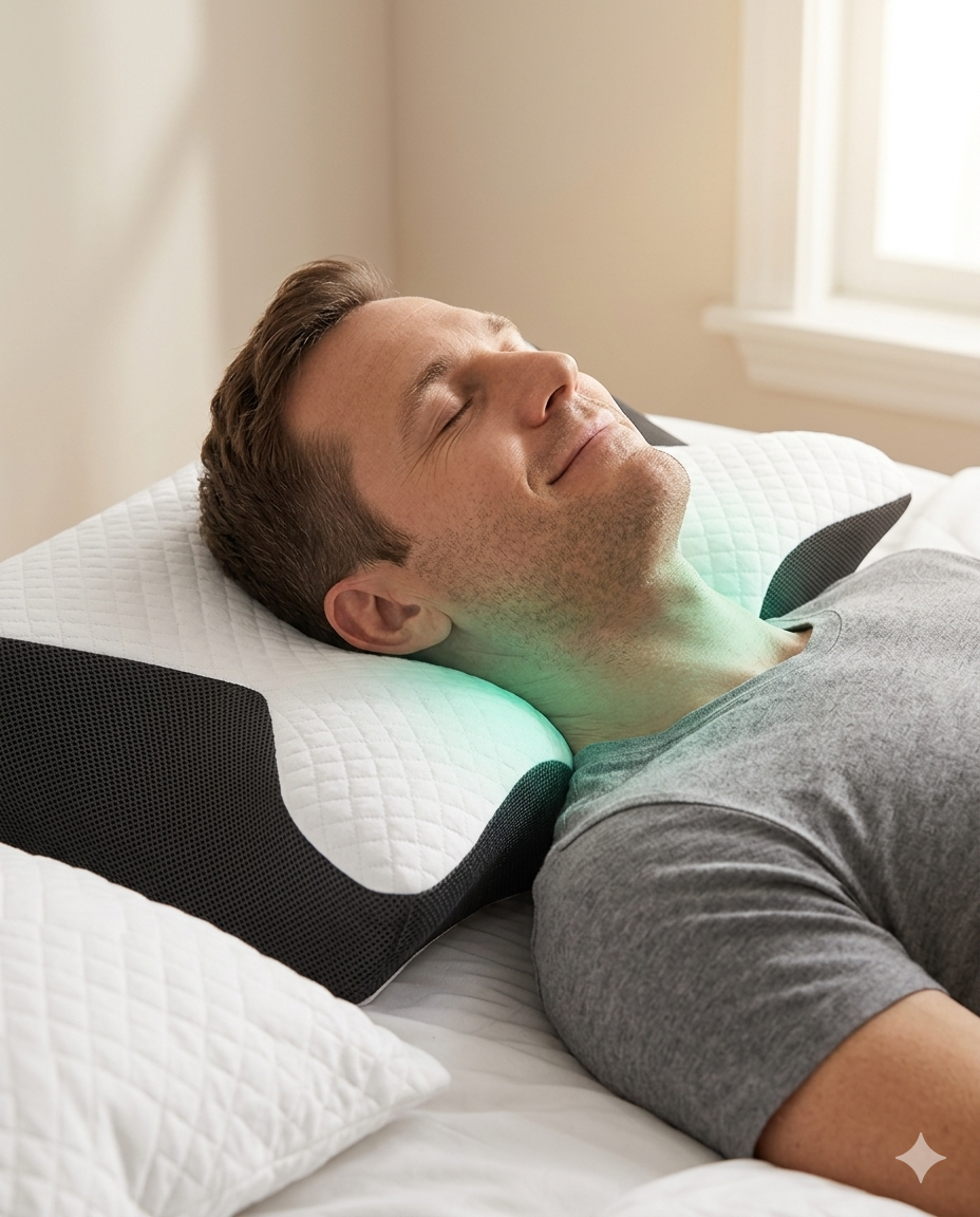Mężczyzna śpiący na poduszce ergonomicznej — koniec z bólem szyi i karku